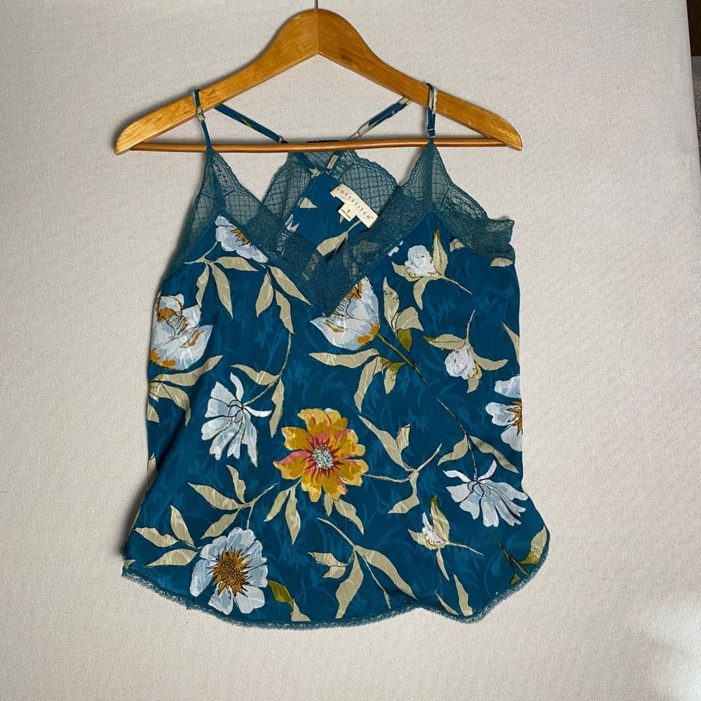 Lovestitch Teal Floral Lace Trim Cami Top Adjustable Straps Small